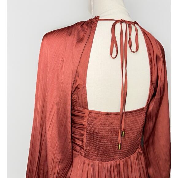 Anthropologie Small Brown Babydoll Mini Dress Blouson Silky Peasant Puff Sleeve - Picture 4 of 8